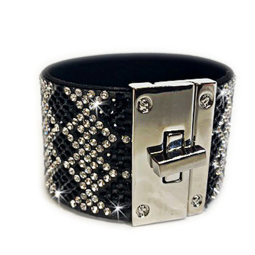 Bracelet Diamond Black Cuff with Silver Colored Buckle