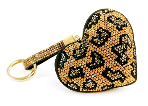 Keychain Iced Crystal Heart Purse Charm Leopard Gold