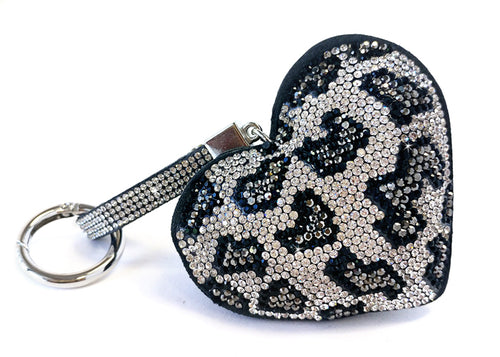 Keychain Iced Crystal Heart Purse Charm Leopard Silver